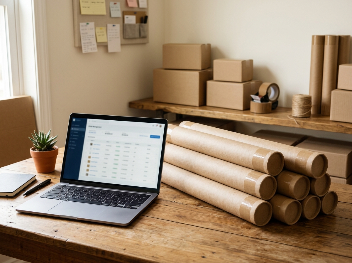 Laptop beside stacked kraft shipping tubes at an e-commerce workstation