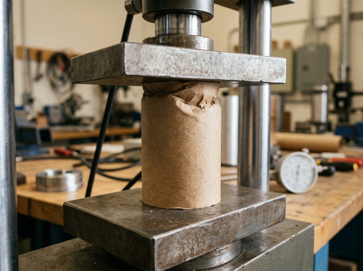 Kraft paper core under load in a flat crush strength test