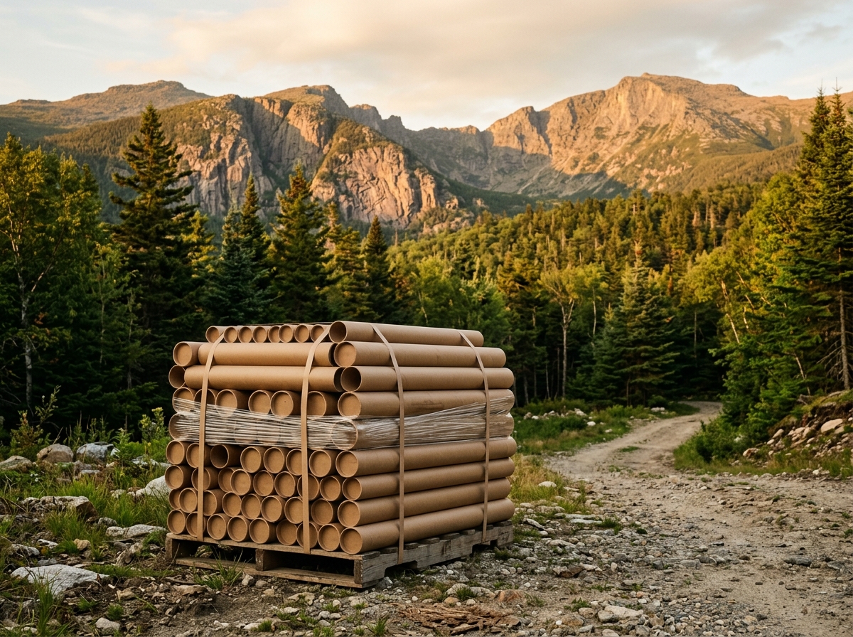 Pallet of kraft paper tubes below White Mountains granite cliffs in New Hampshire