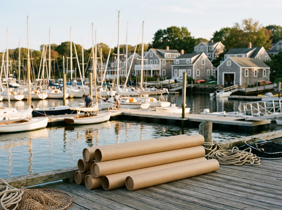 Kraft paper tubes at a Rhode Island marina with sailboats