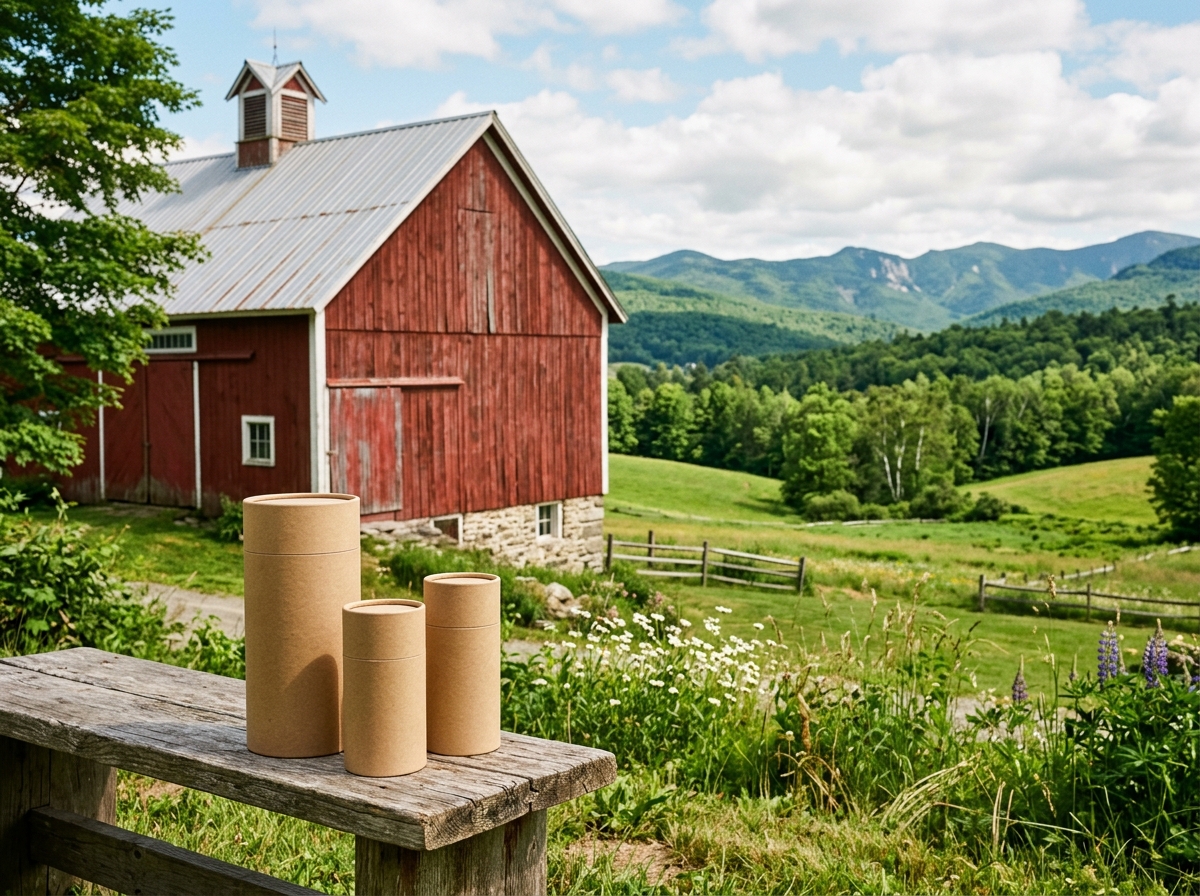 Kraft paper tubes beside a red barn in the Vermont Green Mountains