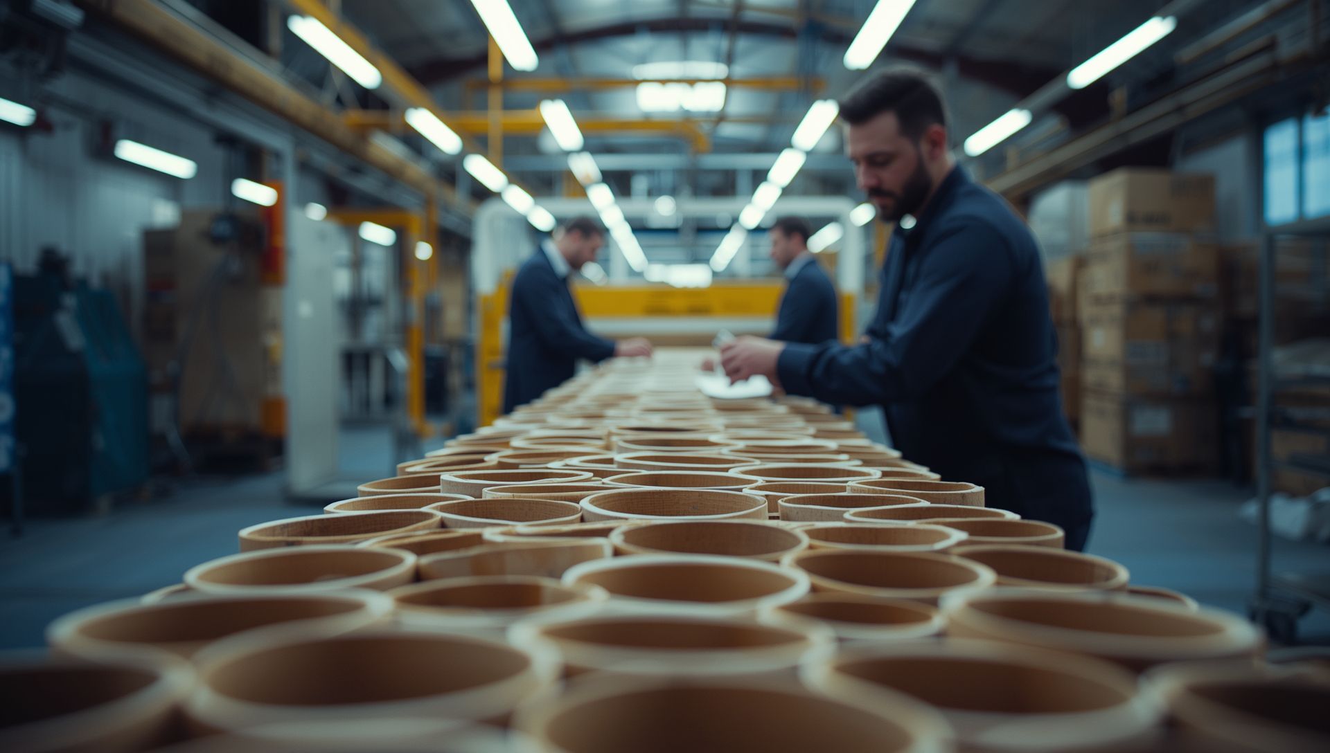Rolls wound on paper cores inside a slitting and rewinding plant