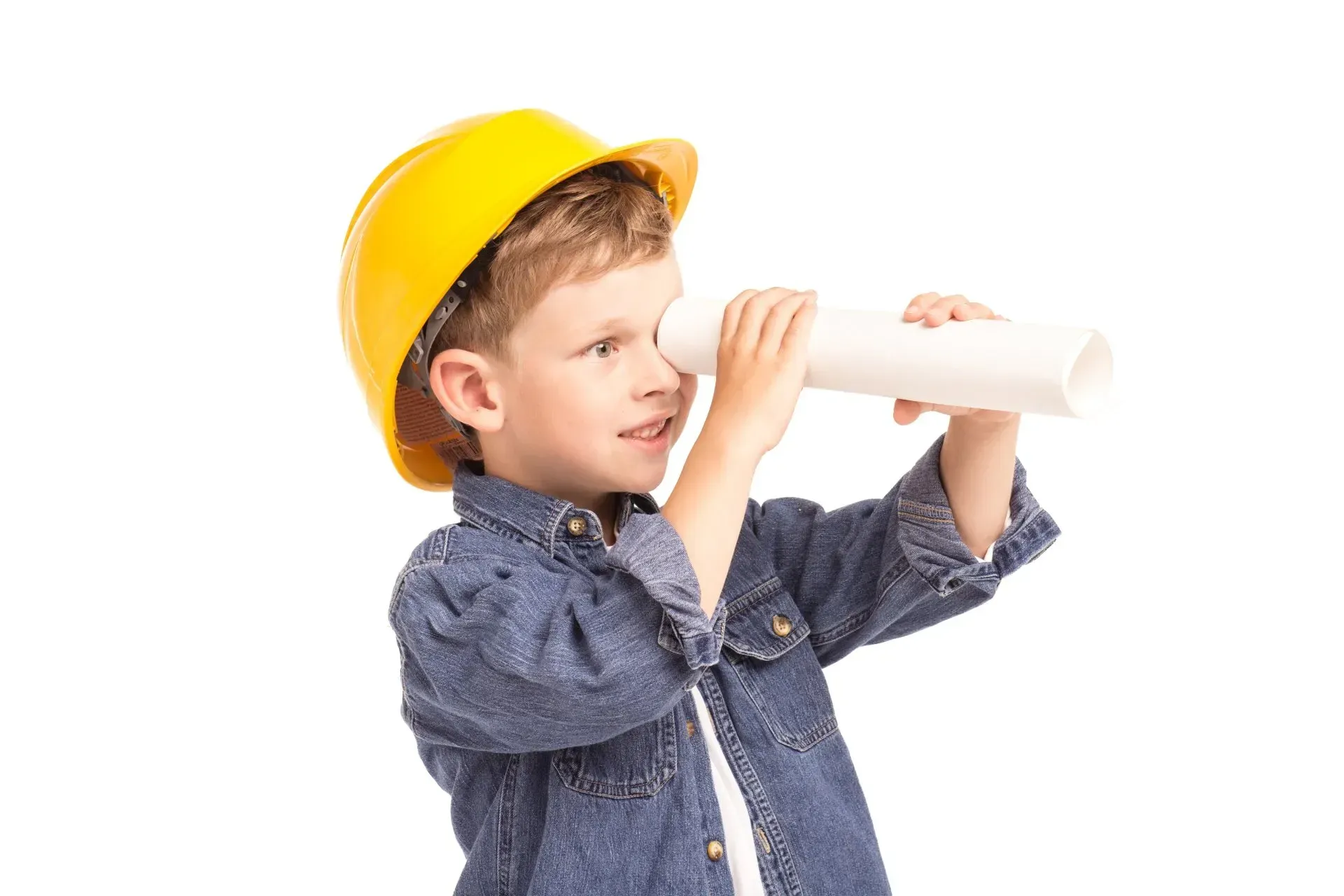 Child playing with a paper tube telescope craft