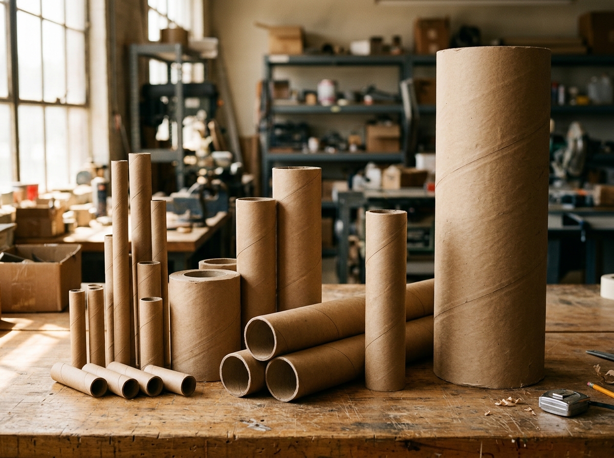 Assorted spiral-wound kraft paper tubes and cores on a workbench